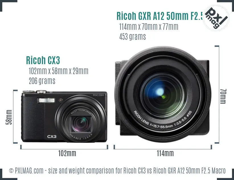 Ricoh CX3 vs Ricoh GXR A12 50mm F2.5 Macro size comparison