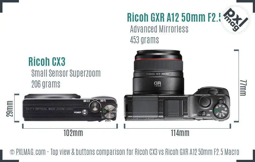 Ricoh CX3 vs Ricoh GXR A12 50mm F2.5 Macro top view buttons comparison