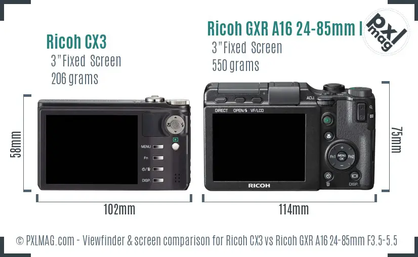 Ricoh CX3 vs Ricoh GXR A16 24-85mm F3.5-5.5 Screen and Viewfinder comparison