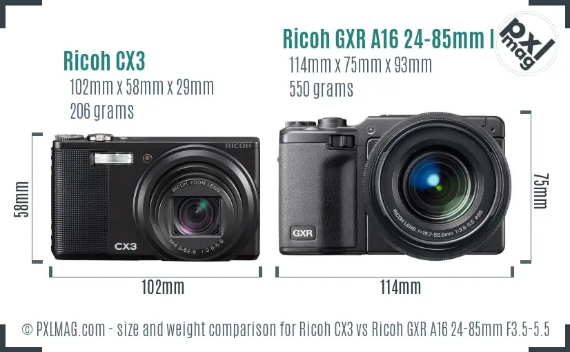 Ricoh CX3 vs Ricoh GXR A16 24-85mm F3.5-5.5 size comparison