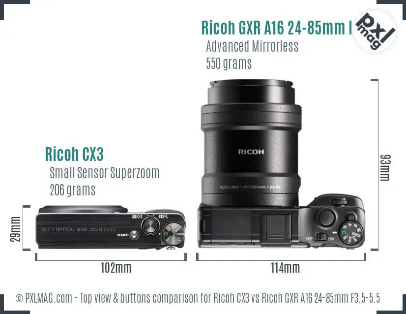 Ricoh CX3 vs Ricoh GXR A16 24-85mm F3.5-5.5 top view buttons comparison