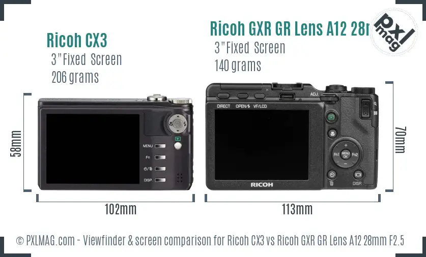 Ricoh CX3 vs Ricoh GXR GR Lens A12 28mm F2.5 Screen and Viewfinder comparison