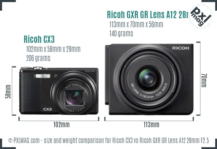 Ricoh CX3 vs Ricoh GXR GR Lens A12 28mm F2.5 size comparison