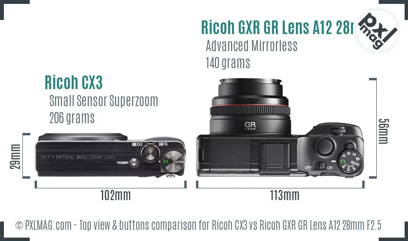 Ricoh CX3 vs Ricoh GXR GR Lens A12 28mm F2.5 top view buttons comparison