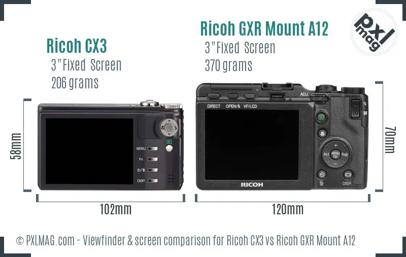 Ricoh CX3 vs Ricoh GXR Mount A12 Screen and Viewfinder comparison