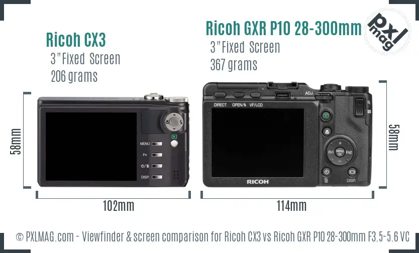 Ricoh CX3 vs Ricoh GXR P10 28-300mm F3.5-5.6 VC Screen and Viewfinder comparison