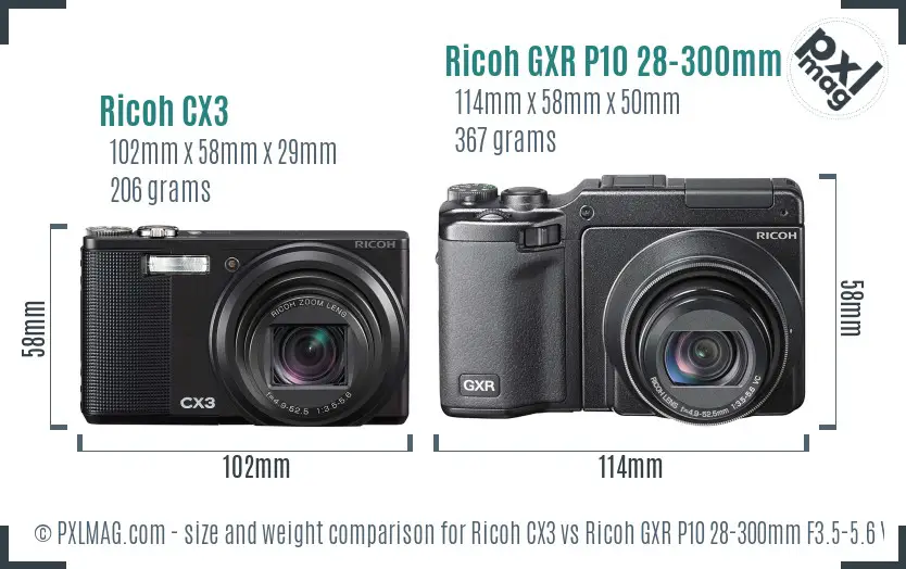 Ricoh CX3 vs Ricoh GXR P10 28-300mm F3.5-5.6 VC size comparison