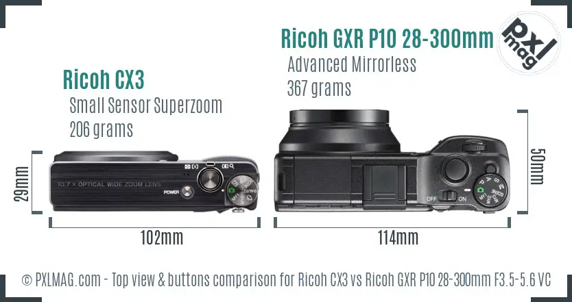 Ricoh CX3 vs Ricoh GXR P10 28-300mm F3.5-5.6 VC top view buttons comparison