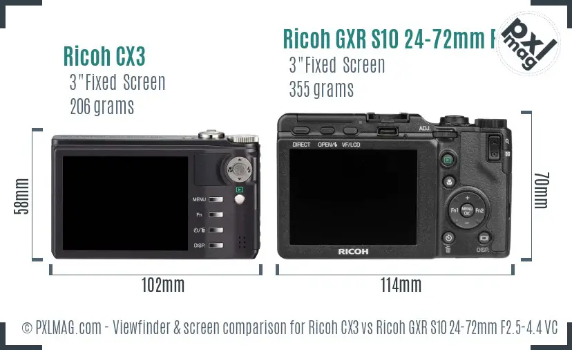 Ricoh CX3 vs Ricoh GXR S10 24-72mm F2.5-4.4 VC Screen and Viewfinder comparison