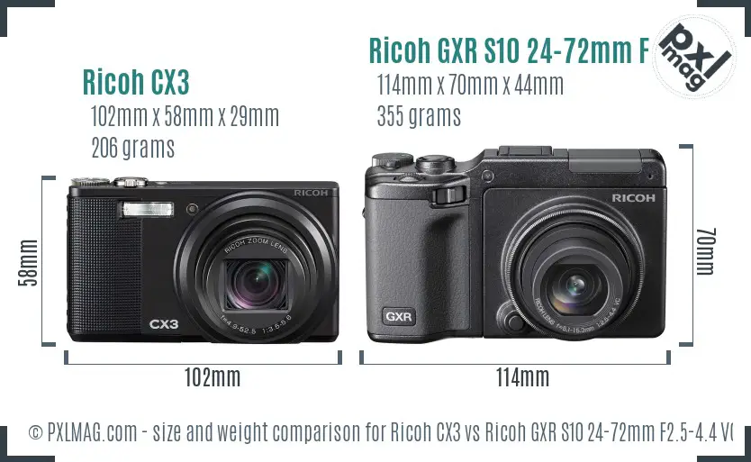 Ricoh CX3 vs Ricoh GXR S10 24-72mm F2.5-4.4 VC size comparison