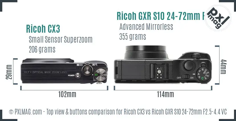 Ricoh CX3 vs Ricoh GXR S10 24-72mm F2.5-4.4 VC top view buttons comparison