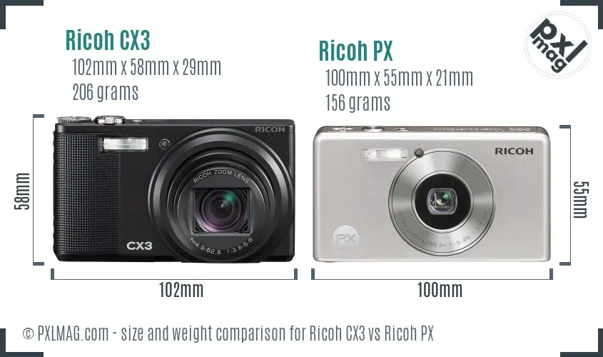 Ricoh CX3 vs Ricoh PX size comparison