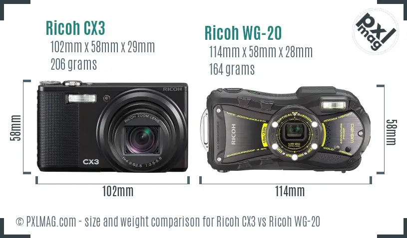 Ricoh CX3 vs Ricoh WG-20 size comparison