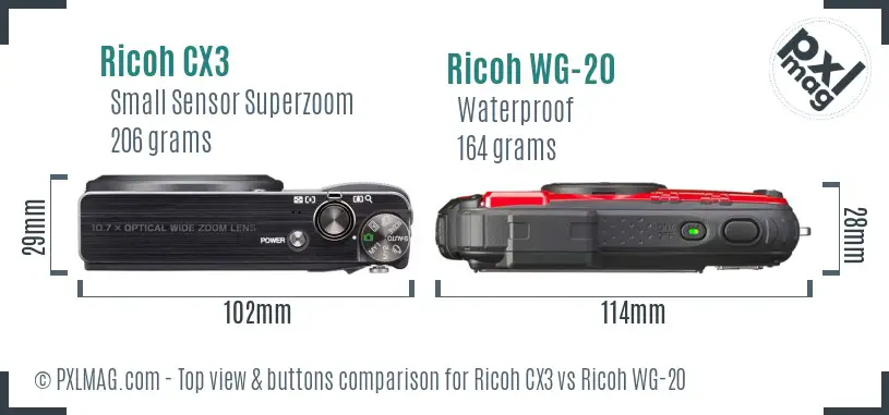 Ricoh CX3 vs Ricoh WG-20 top view buttons comparison