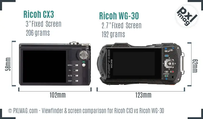Ricoh CX3 vs Ricoh WG-30 Screen and Viewfinder comparison