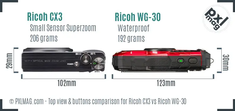 Ricoh CX3 vs Ricoh WG-30 top view buttons comparison