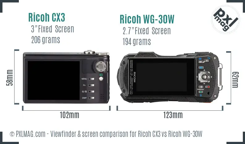 Ricoh CX3 vs Ricoh WG-30W Screen and Viewfinder comparison