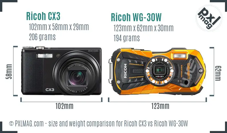 Ricoh CX3 vs Ricoh WG-30W size comparison
