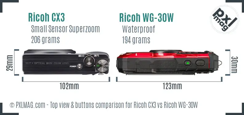 Ricoh CX3 vs Ricoh WG-30W top view buttons comparison