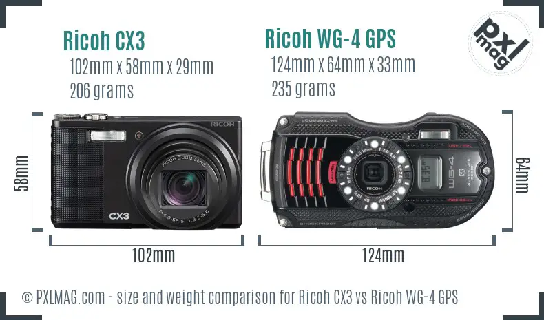Ricoh CX3 vs Ricoh WG-4 GPS size comparison
