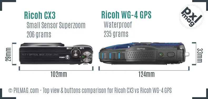 Ricoh CX3 vs Ricoh WG-4 GPS top view buttons comparison