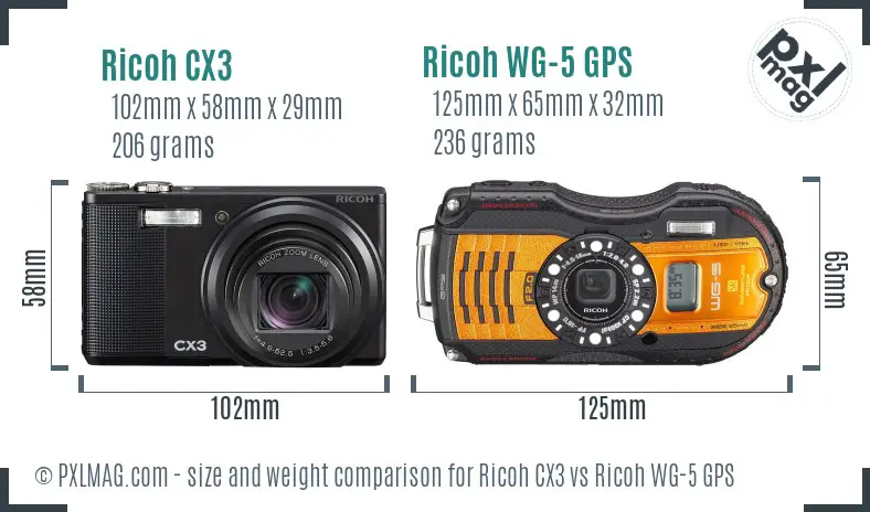 Ricoh CX3 vs Ricoh WG-5 GPS size comparison