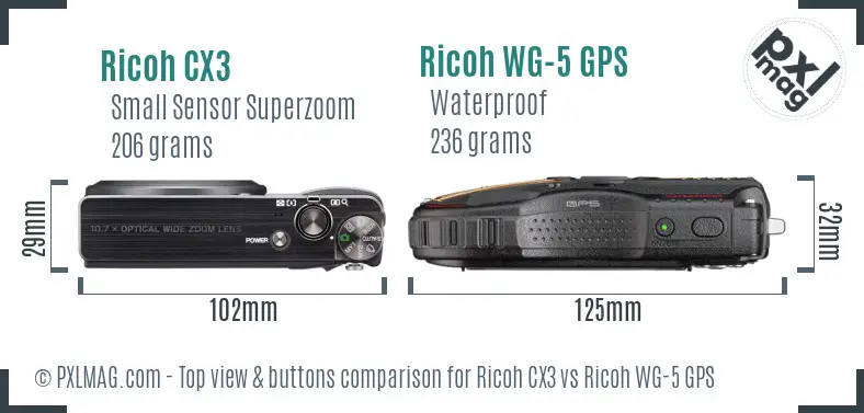 Ricoh CX3 vs Ricoh WG-5 GPS top view buttons comparison