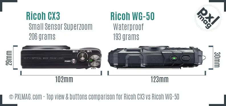 Ricoh CX3 vs Ricoh WG-50 top view buttons comparison