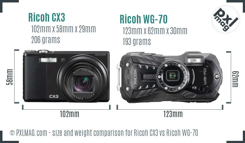 Ricoh CX3 vs Ricoh WG-70 size comparison