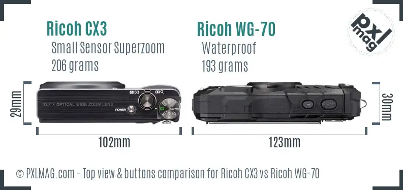 Ricoh CX3 vs Ricoh WG-70 top view buttons comparison