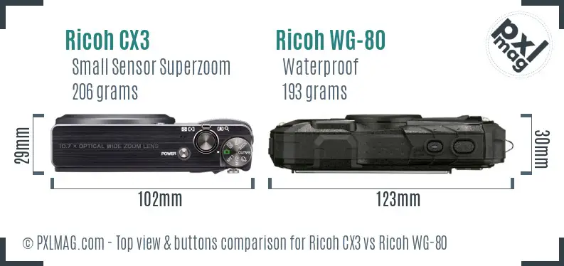 Ricoh CX3 vs Ricoh WG-80 top view buttons comparison