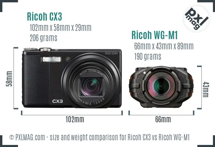 Ricoh CX3 vs Ricoh WG-M1 size comparison