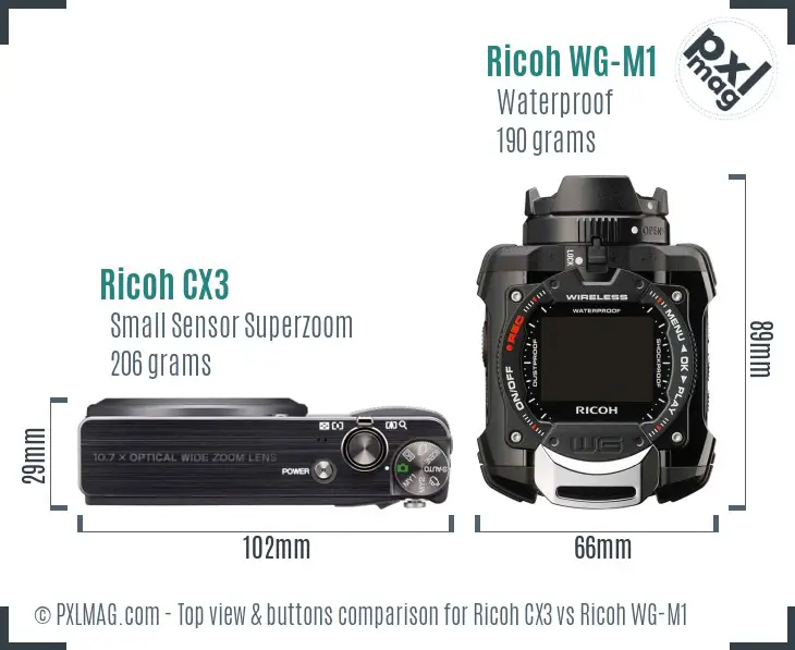 Ricoh CX3 vs Ricoh WG-M1 top view buttons comparison