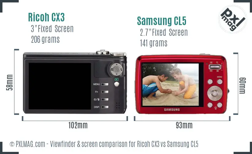 Ricoh CX3 vs Samsung CL5 Screen and Viewfinder comparison