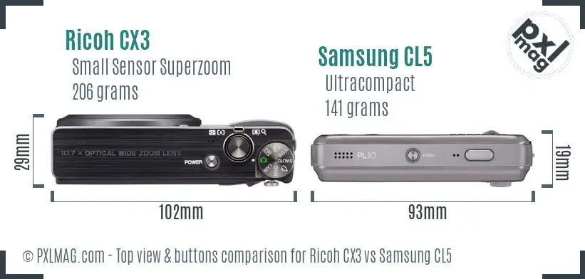 Ricoh CX3 vs Samsung CL5 top view buttons comparison