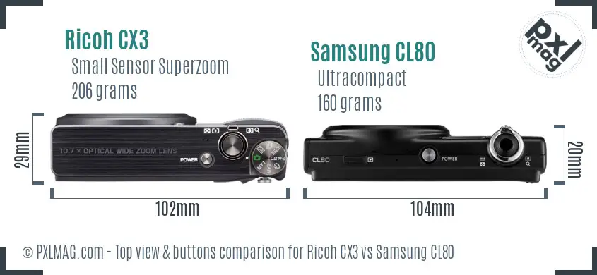 Ricoh CX3 vs Samsung CL80 top view buttons comparison