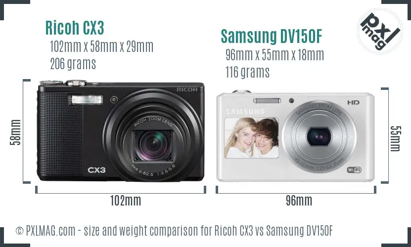 Ricoh CX3 vs Samsung DV150F size comparison