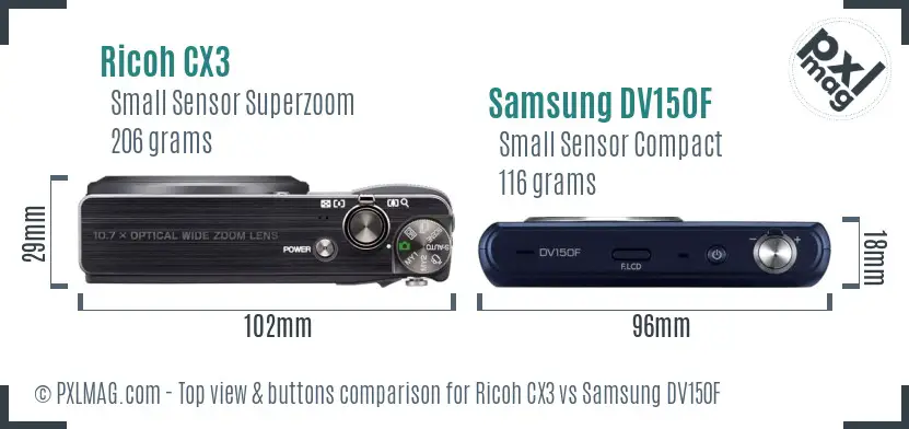 Ricoh CX3 vs Samsung DV150F top view buttons comparison