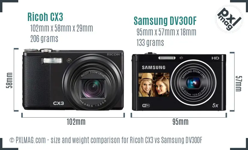 Ricoh CX3 vs Samsung DV300F size comparison