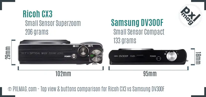 Ricoh CX3 vs Samsung DV300F top view buttons comparison