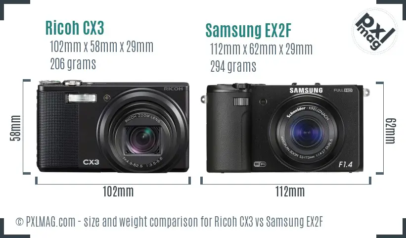 Ricoh CX3 vs Samsung EX2F size comparison