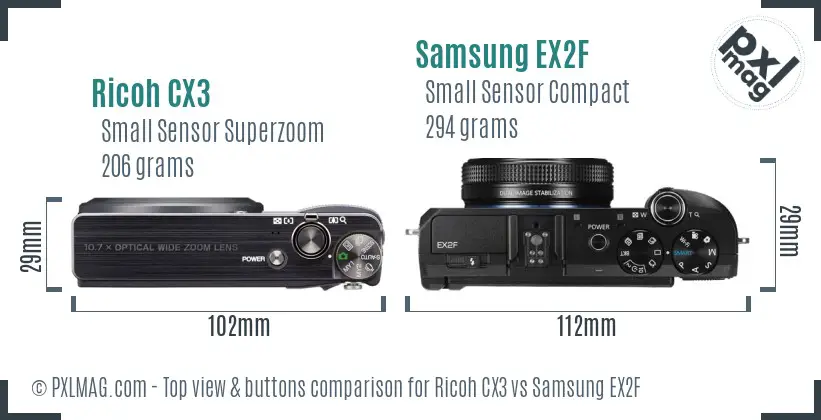 Ricoh CX3 vs Samsung EX2F top view buttons comparison