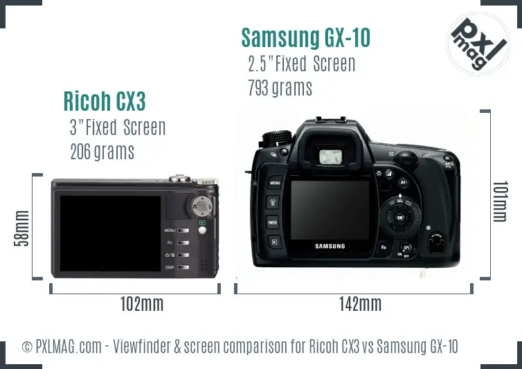 Ricoh CX3 vs Samsung GX-10 Screen and Viewfinder comparison