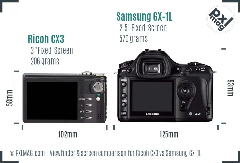 Ricoh CX3 vs Samsung GX-1L Screen and Viewfinder comparison