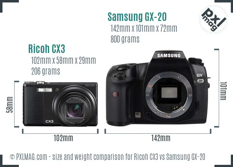 Ricoh CX3 vs Samsung GX-20 size comparison