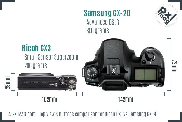 Ricoh CX3 vs Samsung GX-20 top view buttons comparison