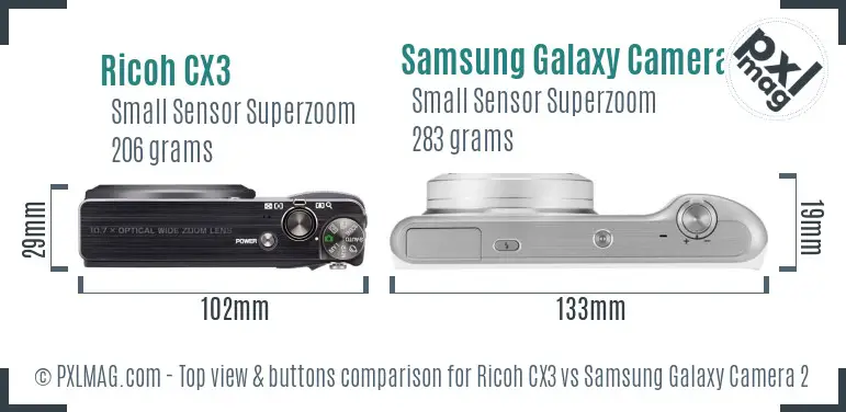 Ricoh CX3 vs Samsung Galaxy Camera 2 top view buttons comparison