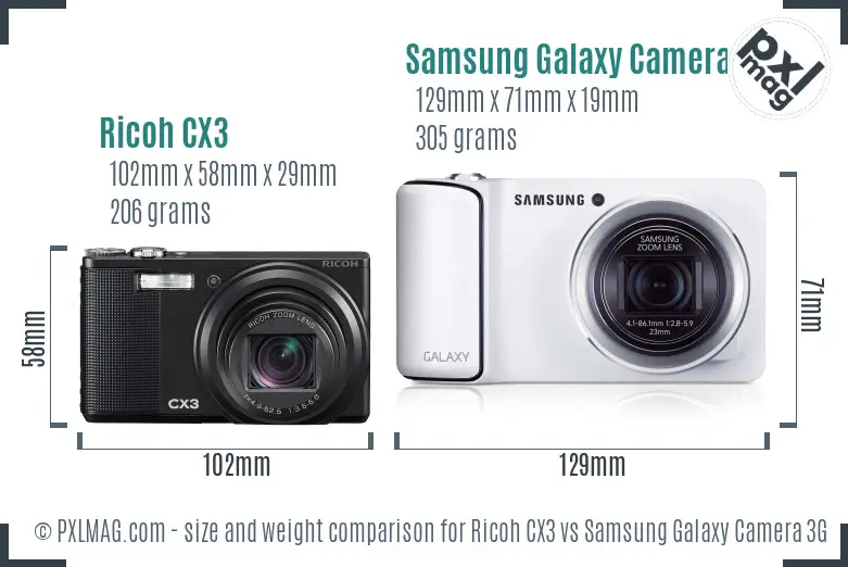 Ricoh CX3 vs Samsung Galaxy Camera 3G size comparison