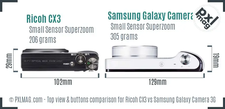 Ricoh CX3 vs Samsung Galaxy Camera 3G top view buttons comparison