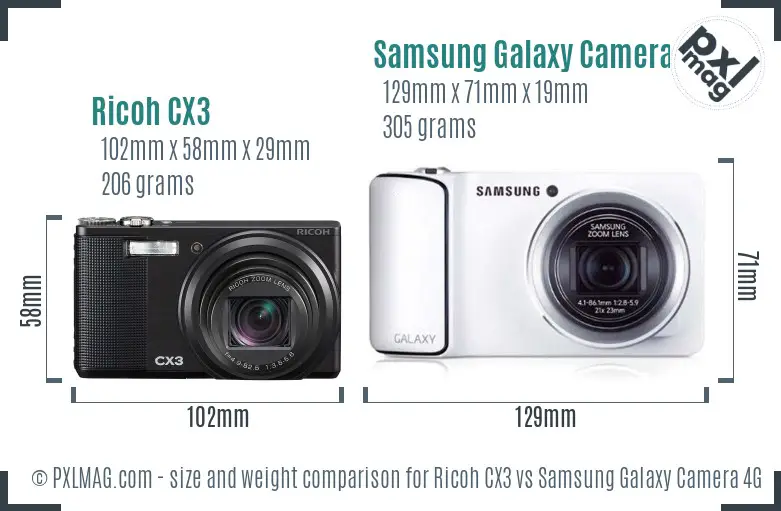 Ricoh CX3 vs Samsung Galaxy Camera 4G size comparison